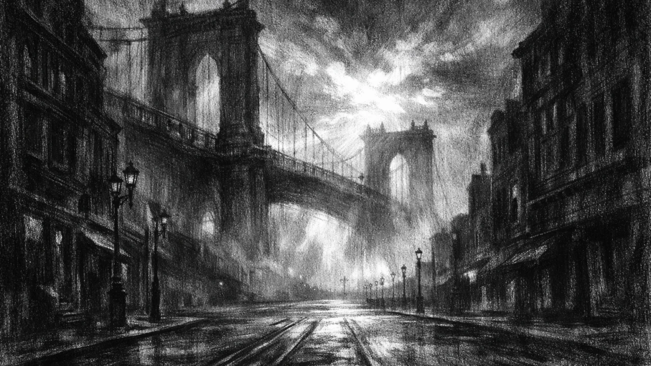 Simboličan gradski pejzaž u charcoal film noir stilu, prazne ulice, magla i snažan osjećaj ponovnog početka.