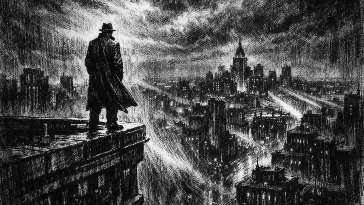 Herojska scena u charcoal film noir stilu: usamljena figura na krovu grada, snažni kontrasti svjetla i sjene, mračna i emotivna atmosfera.
