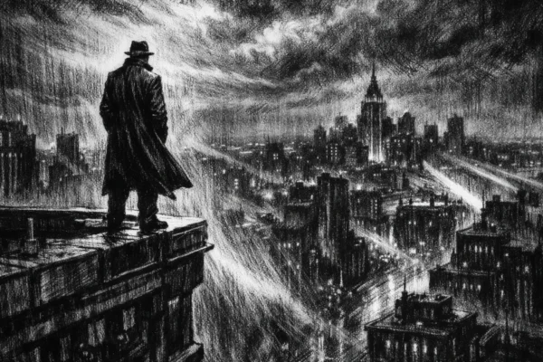 Herojska scena u charcoal film noir stilu: usamljena figura na krovu grada, snažni kontrasti svjetla i sjene, mračna i emotivna atmosfera.