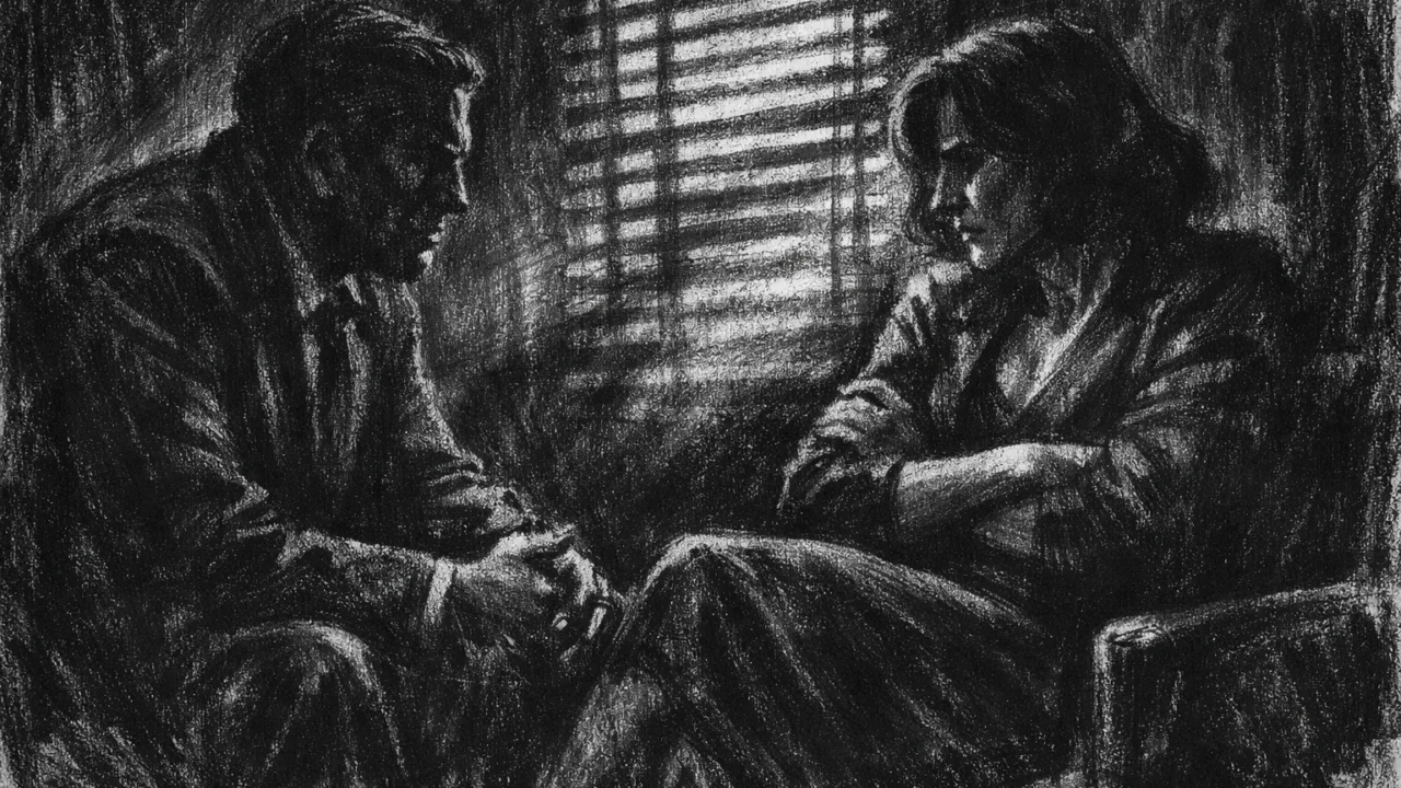 Dramatična unutarnja scena u charcoal film noir stilu, dvoje ljudi u razgovoru, snažan kontrast svjetla i sjene, osjećaj emocionalne težine.