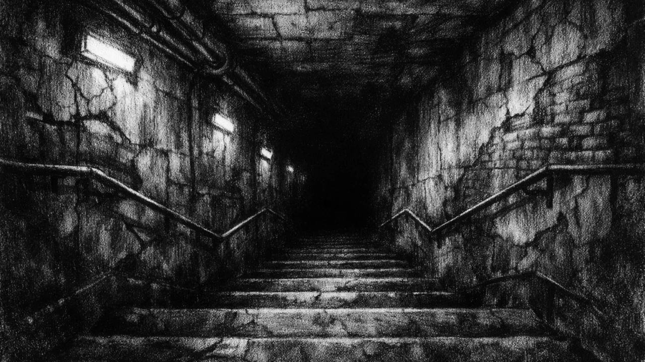Atmosferski okoliš u charcoal film noir stilu, podzemni prolaz s jakim sjenama i misterioznim ugođajem, crno-bijela simbolika grada.
