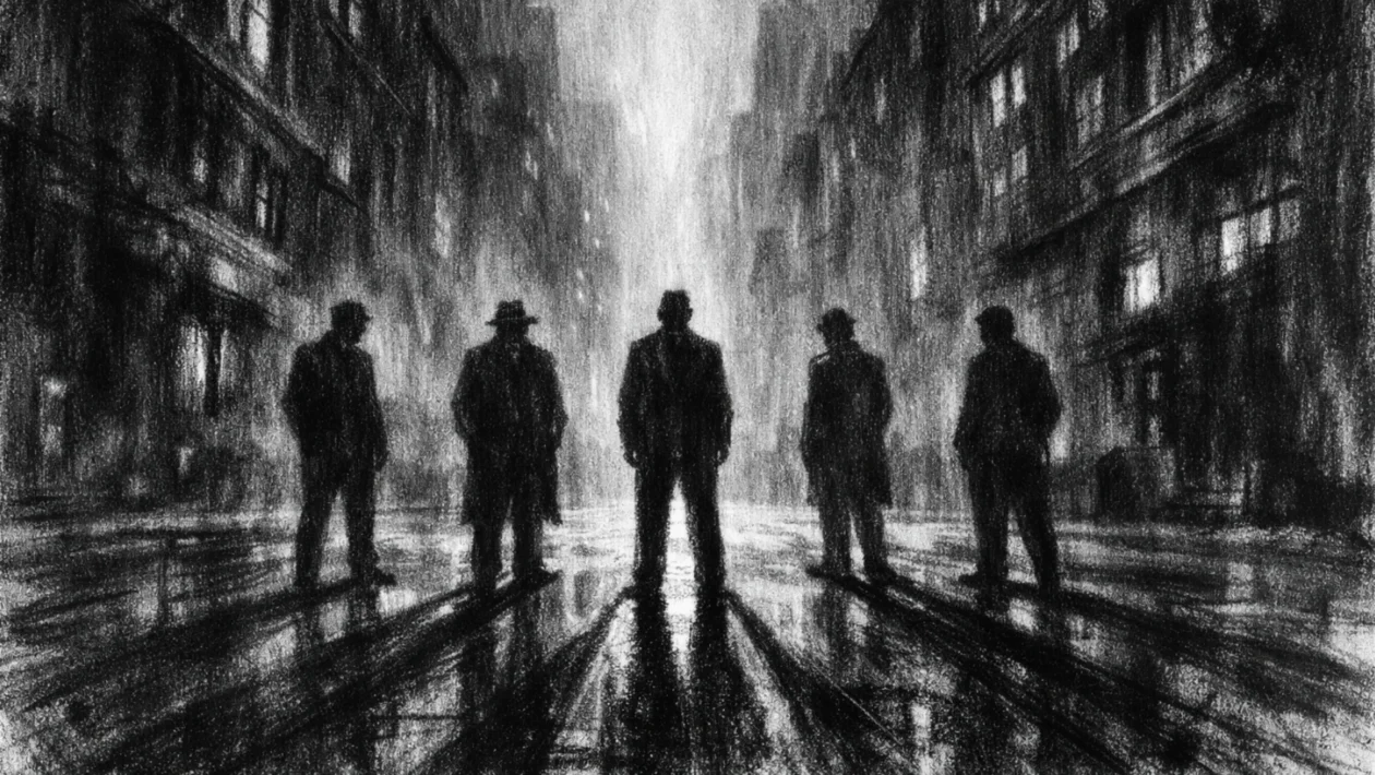 Hero prizor u charcoal film noir stilu, crno-bijeli grad s dubokim sjenama i dramatičnim svjetlom, anonimne siluete povezane atmosferom napetosti.