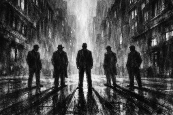 Hero prizor u charcoal film noir stilu, crno-bijeli grad s dubokim sjenama i dramatičnim svjetlom, anonimne siluete povezane atmosferom napetosti.