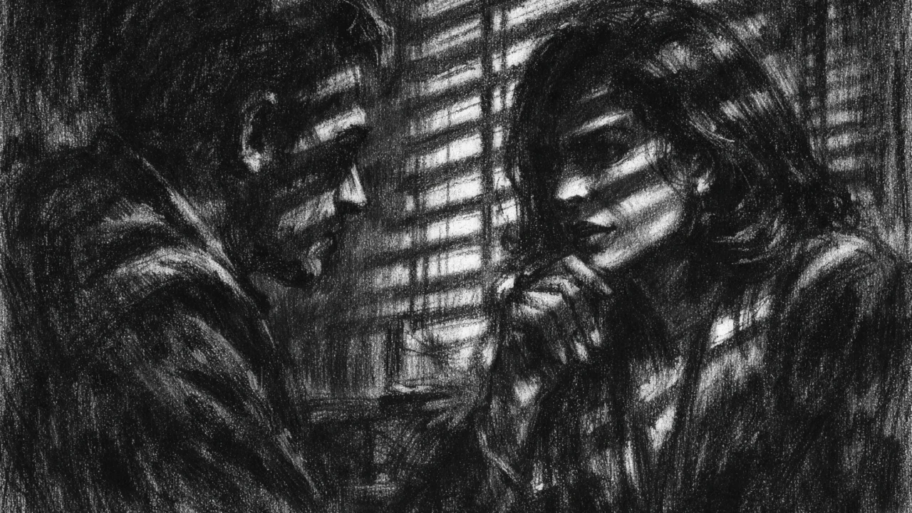 Dvije osobe u napetom razgovoru u zatvorenom prostoru, prikazane u charcoal film noir stilu s dramatičnim svjetlom i sjenama.
