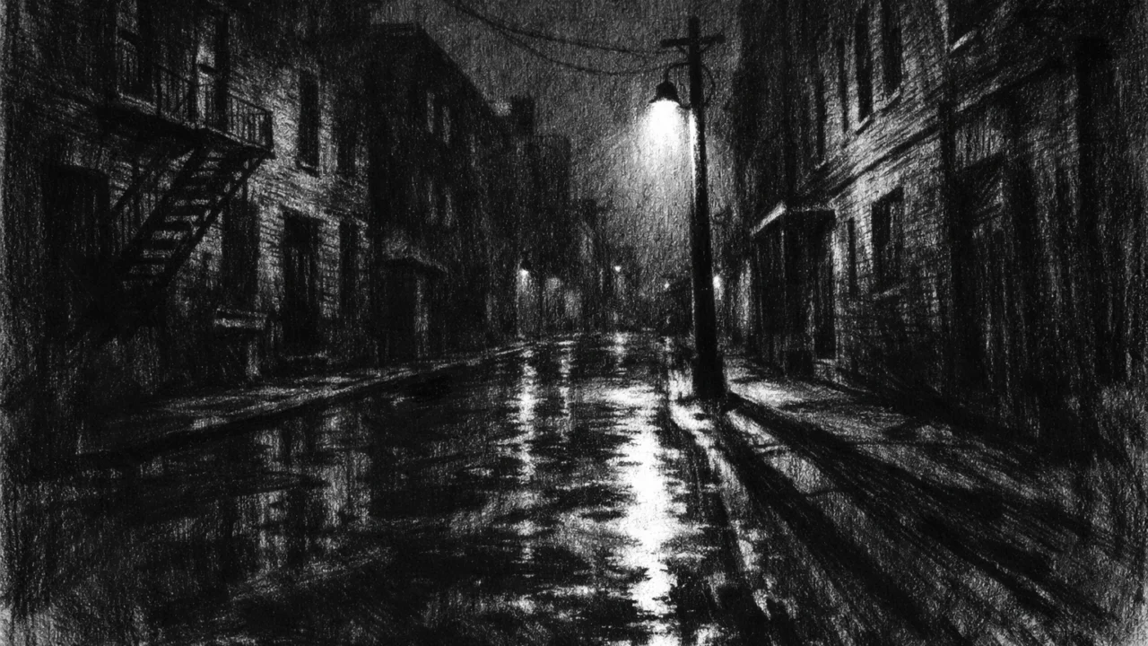 Mračna urbana noćna scena s praznim ulicama i svjetiljkom, oslikana u charcoal film noir stilu s tjeskobnom atmosferom.