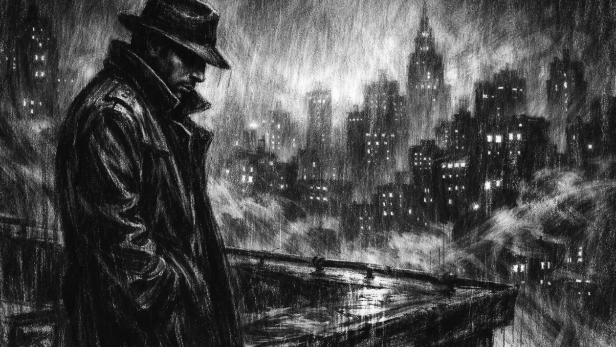 Kinematografski poster s usamljenom figurom na krovu grada, izrađen u charcoal film noir stilu s jakim kontrastom i dubokim sjenama.
