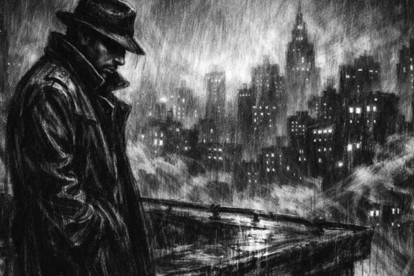 Kinematografski poster s usamljenom figurom na krovu grada, izrađen u charcoal film noir stilu s jakim kontrastom i dubokim sjenama.