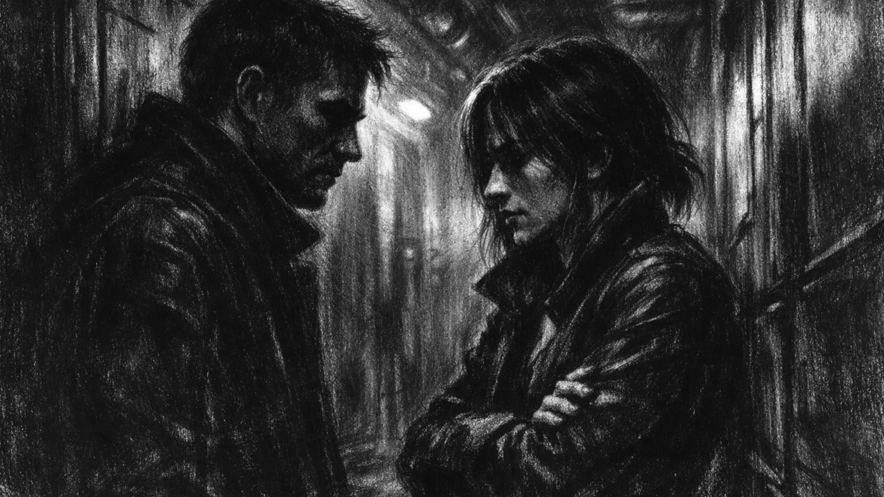 Dvije osobe u tihom razgovoru u mračnom hodniku, izražena napetost i sjene u charcoal film noir stilu