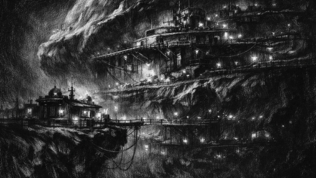 Atmosfersko svemirsko naselje u stijeni, osjećaj samoće i težine prostora u charcoal film noir stilu