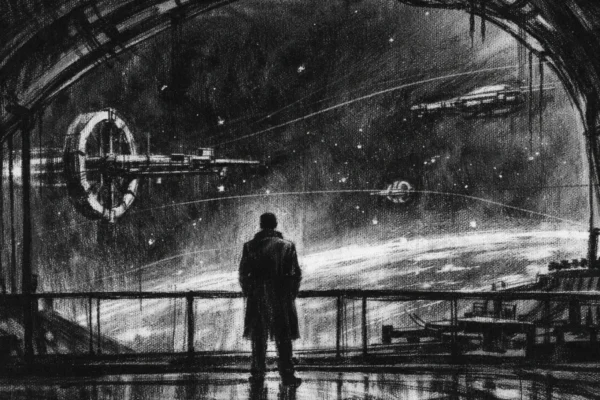Filmski poster s usamljnom figurom pred svemirom, snažne sjene i industrijska arhitektura u charcoal film noir stilu