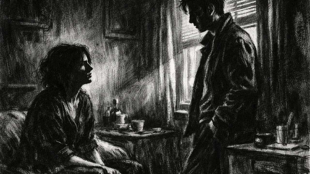 Intimna scena razgovora u charcoal film noir stilu, dvije osobe u polusjeni, snažno svjetlo i mrak naglašavaju emocionalnu napetost i osjećaj gubitka.