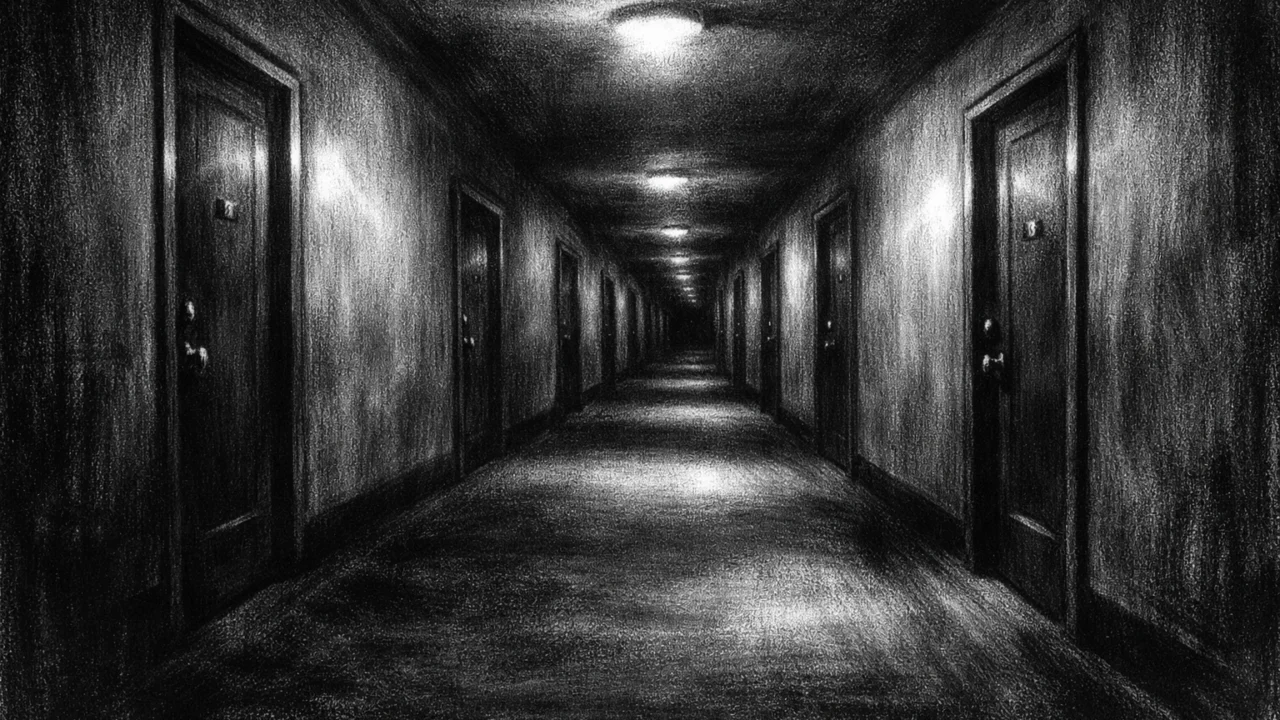 Prazan hodnik stana u charcoal film noir stilu, ponavljajuća vrata i duboke sjene simboliziraju izgubljeno pamćenje i dezorijentaciju.