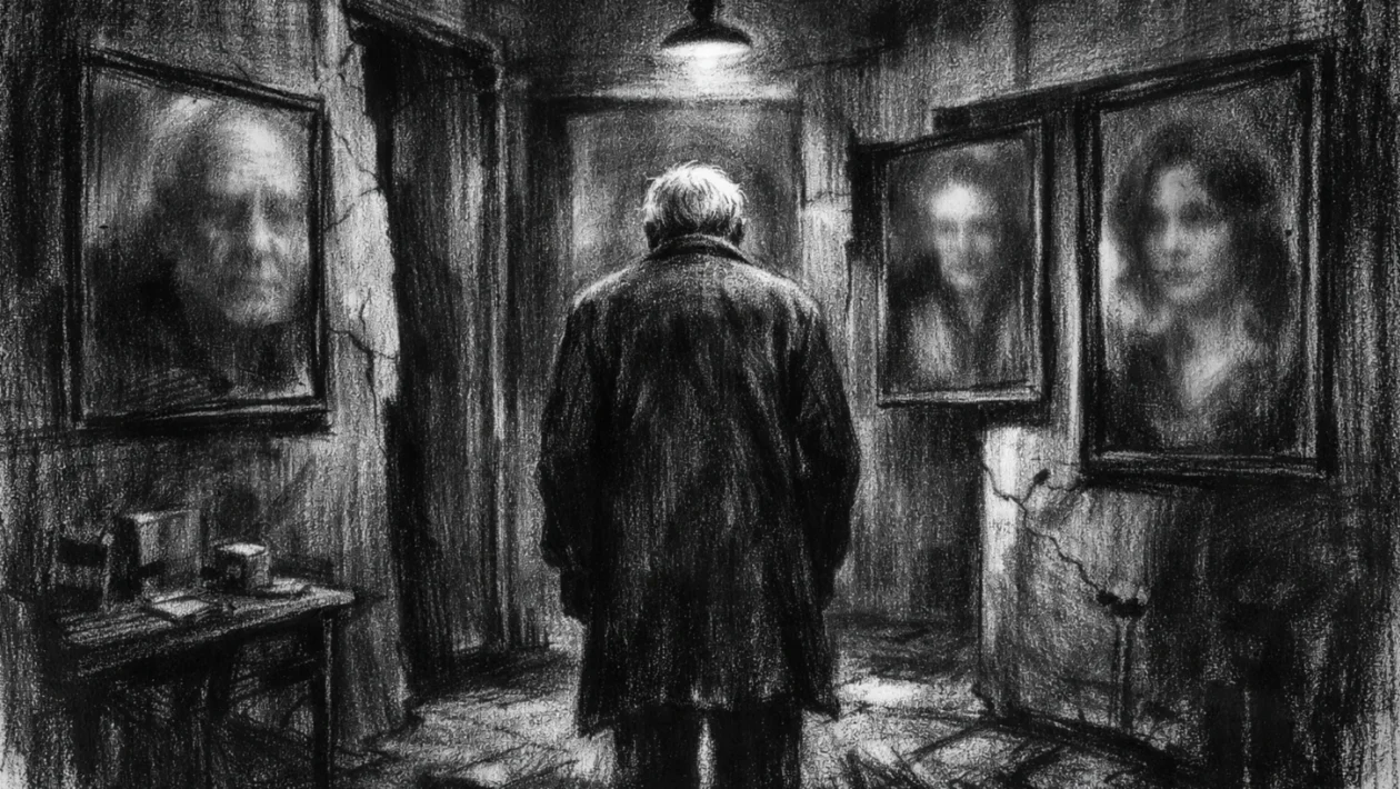 Filmski poster u charcoal film noir stilu: usamljena figura u mračnom interijeru, duboke sjene i snažan kontrast stvaraju osjećaj zbunjenosti i gubitka identiteta.