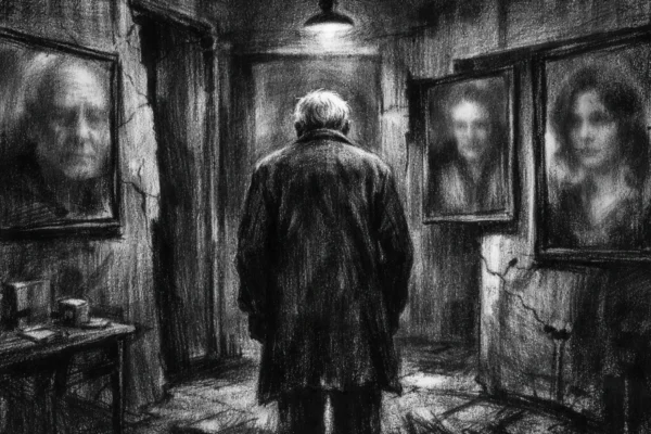 Filmski poster u charcoal film noir stilu: usamljena figura u mračnom interijeru, duboke sjene i snažan kontrast stvaraju osjećaj zbunjenosti i gubitka identiteta.
