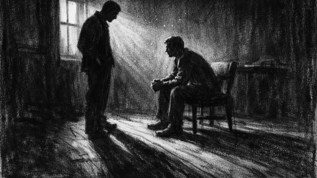Intimna scena razgovora u charcoal film noir stilu, crno-bijelo, dvoje ljudi u polusjeni, naglašene emocije, tišina i dramatično osvjetljenje.