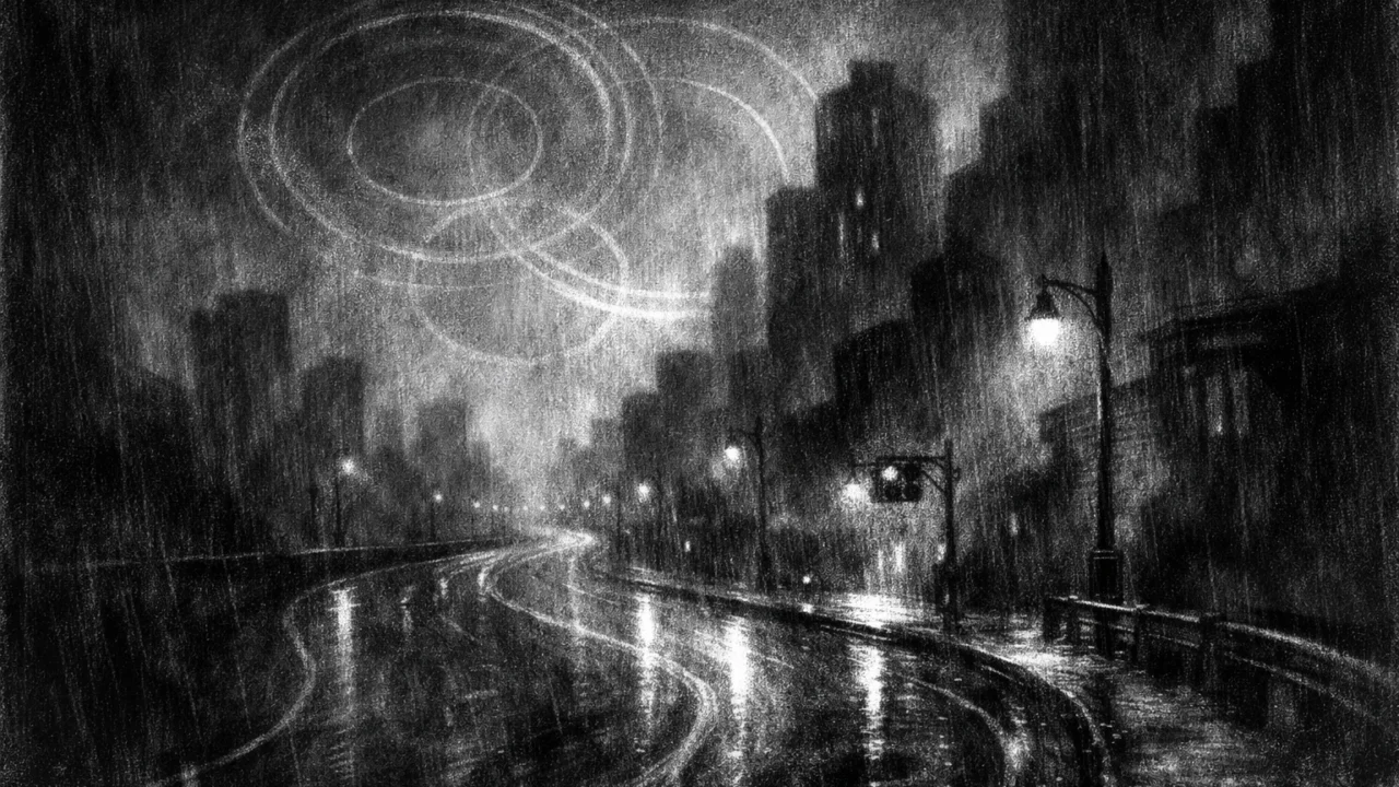 Atmosferski gradski pejzaž u charcoal film noir stilu, crno-bijelo, prazne ulice, magla i simbolični oblici koji sugeriraju vrijeme i kretanje.