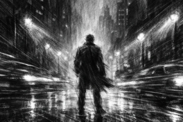 Hero poster u charcoal film noir stilu, crno-bijela scena usamljenog lika u mračnom gradu, snažni kontrasti, duboke sjene i osjećaj napetosti i brzine.