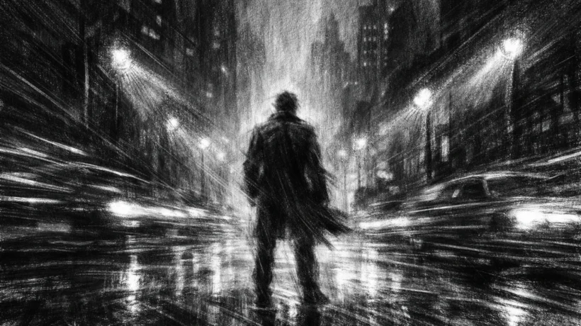 Hero poster u charcoal film noir stilu, crno-bijela scena usamljenog lika u mračnom gradu, snažni kontrasti, duboke sjene i osjećaj napetosti i brzine.