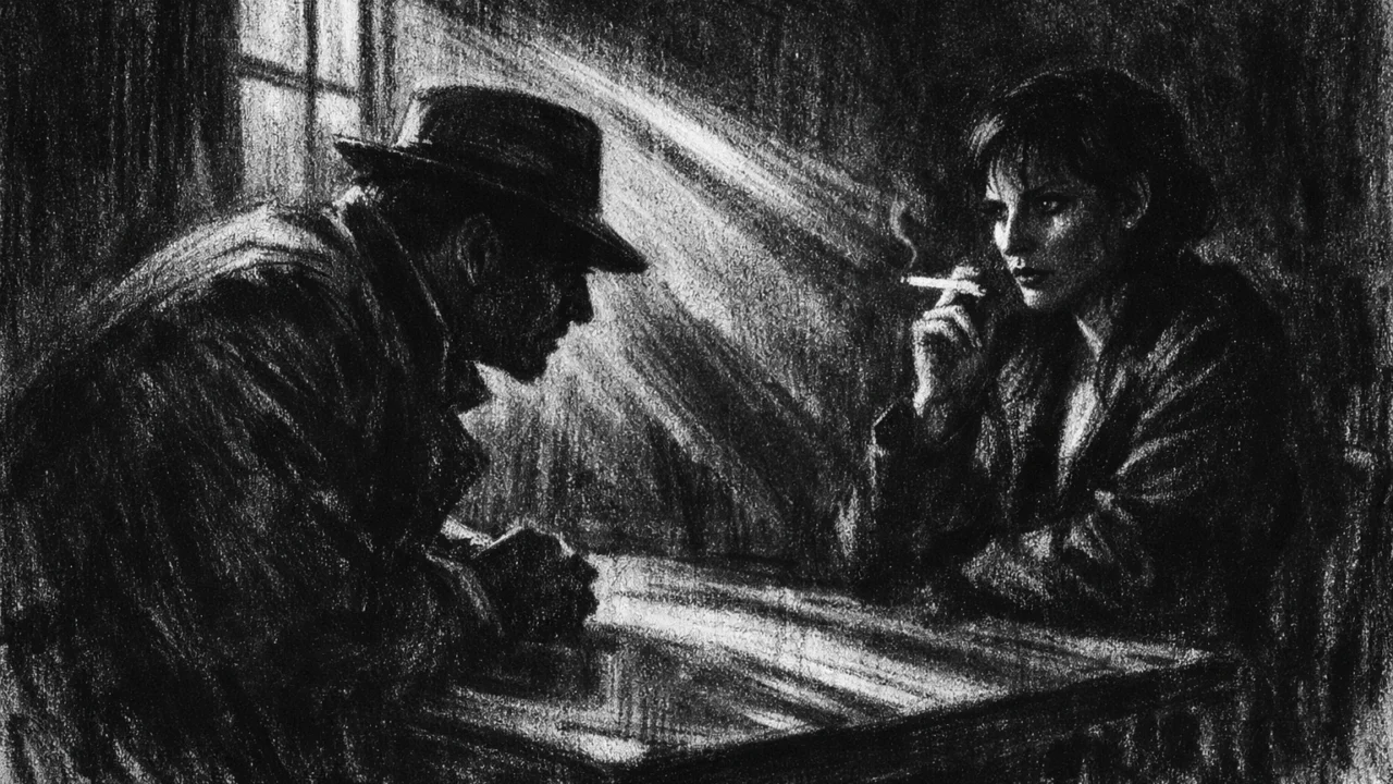 Intimna scena razgovora u charcoal film noir stilu, s dvoje ljudi u polusjeni, naglašenim kontrastom i snažnom emocionalnom napetošću.