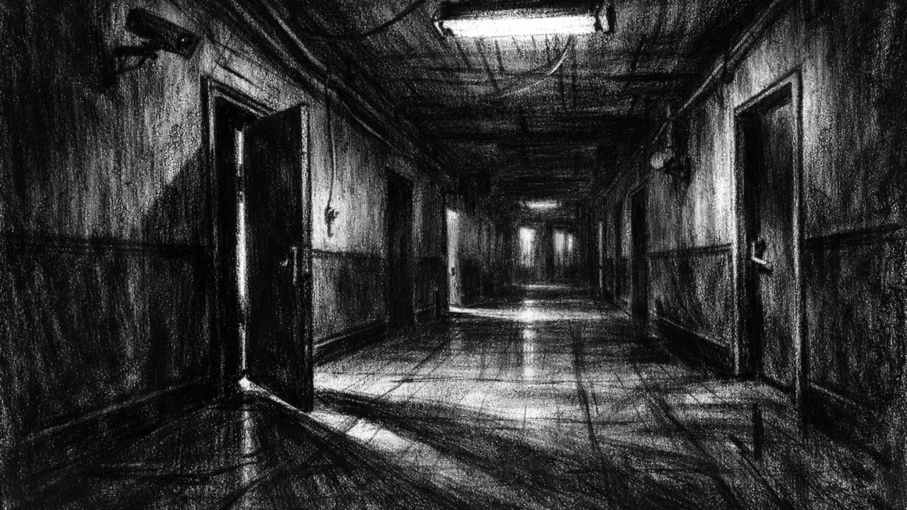 Atmosferski prostor u charcoal film noir stilu, mračni hodnik s dubokim sjenama i osjećajem izolacije i nelagode.
