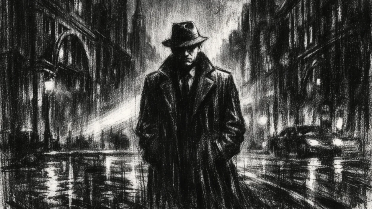 Filmski poster u charcoal film noir stilu, crno-bijeli prikaz usamljene figure u mračnom urbanom okruženju s dubokim sjenama i tjeskobnom atmosferom.