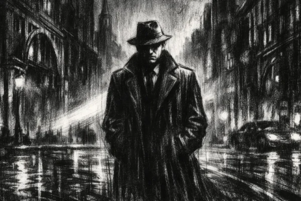 Filmski poster u charcoal film noir stilu, crno-bijeli prikaz usamljene figure u mračnom urbanom okruženju s dubokim sjenama i tjeskobnom atmosferom.