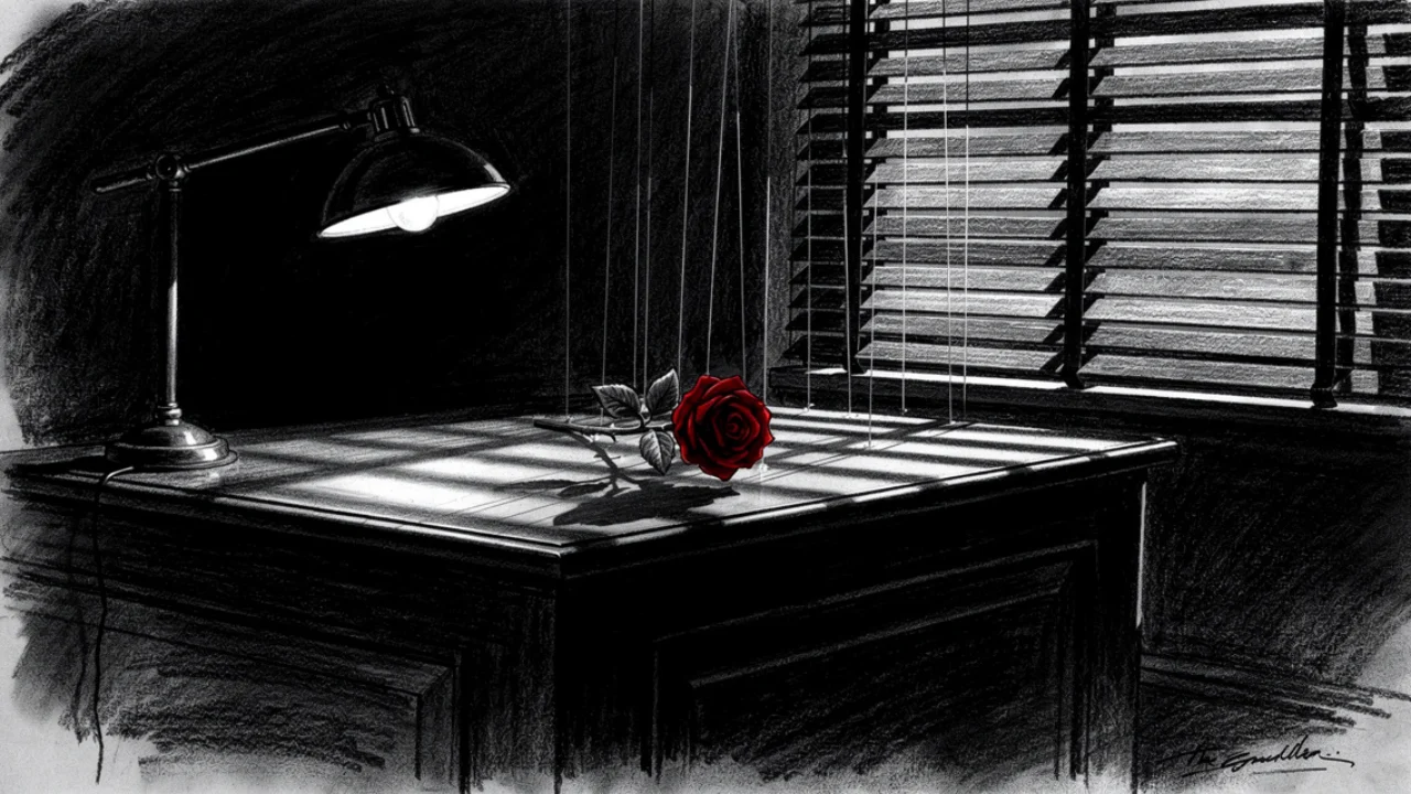 Simbolična atmosfera Kuma – ured, sjenke i motiv kontrole prikazani u charcoal film noir stil, crno-bijelo i izrazito mračno.