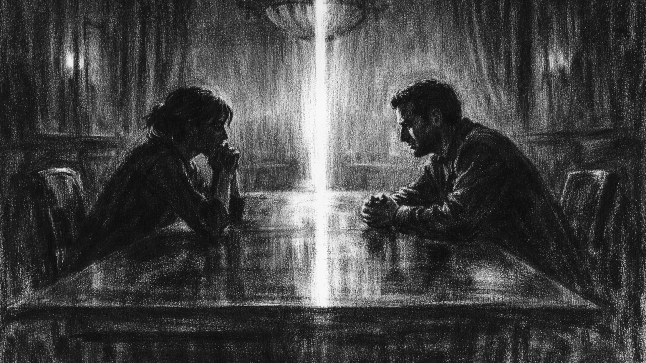 Dvije osobe u tihom razgovoru za stolom, naglašene sjene i emocionalna napetost, charcoal film noir stil.