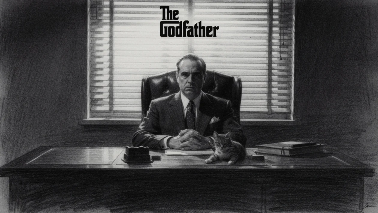 Plakatovski prikaz Kuma u charcoal film noir stil, crno-bijeli portret Dona Vita Corleonea u dubokim sjenama i dramatičnom svjetlu.