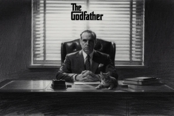 Plakatovski prikaz Kuma u charcoal film noir stil, crno-bijeli portret Dona Vita Corleonea u dubokim sjenama i dramatičnom svjetlu.