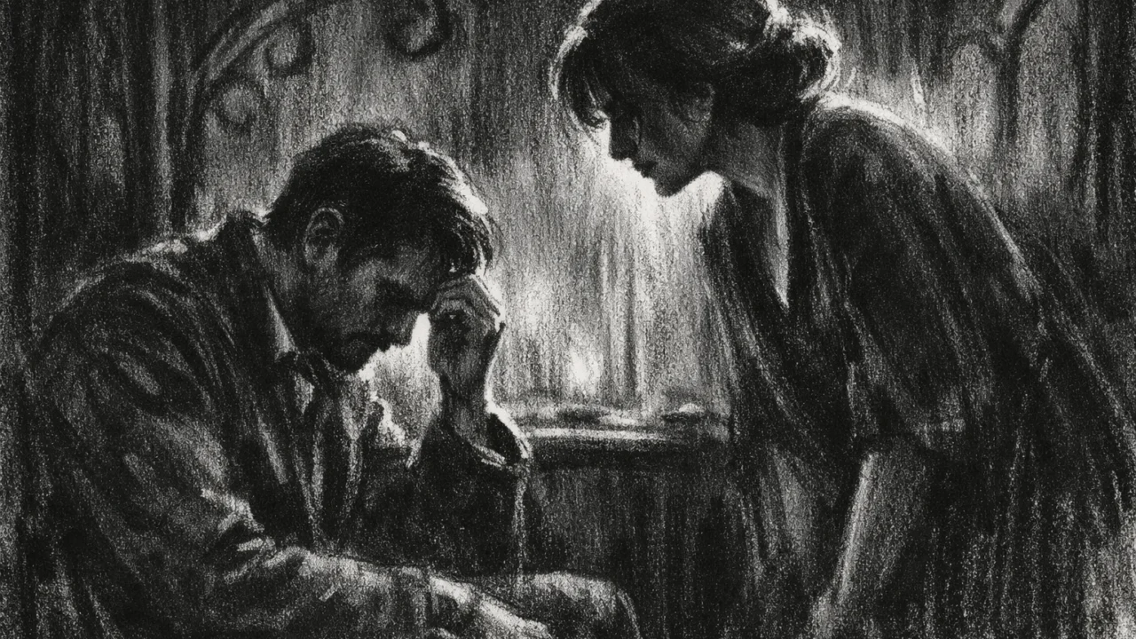 Dvije osobe u tihom razgovoru u zatvorenom prostoru, prikazane u charcoal film noir stil, s naglašenim emocijama, snažnim kontrastom i dubokim sjenama.