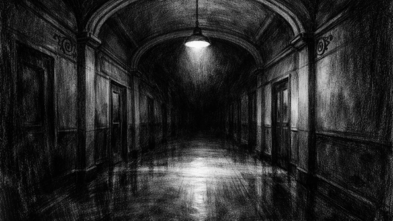 Prazan bolnički hodnik koji nestaje u tami, prikazan u charcoal film noir stil, crno-bijeli prikaz s jakim kontrastom i introspektivnom atmosferom.