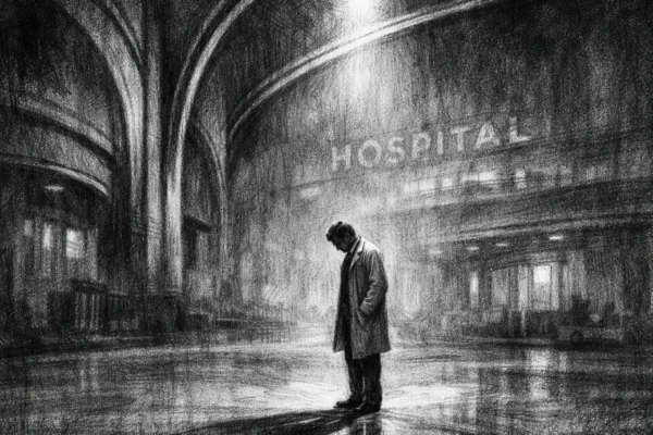 Filmski poster s usamljenom figurom u bolničkom prostoru, nacrtan u charcoal film noir stil, crno-bijeli kontrast s dubokim sjenama i melankoličnom atmosferom.