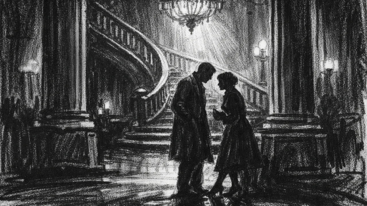 Dvoje ljudi u tihom razgovoru u raskošnom predvorju, siluete i stepenice u sjeni, charcoal film noir stil s emotivnom dubinom.