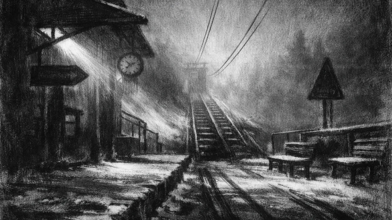 Prazna planinska stanica u magli, simbolično okruženje bez ljudi, charcoal film noir stil s osjećajem prolaznosti.