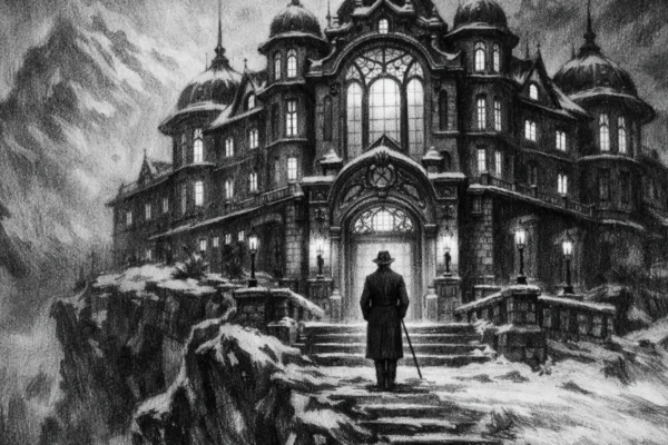 Cinematični poster hotela u snijegu, simetrična arhitektura i usamljena figura, charcoal film noir stil, snažni kontrasti i melankolična atmosfera.