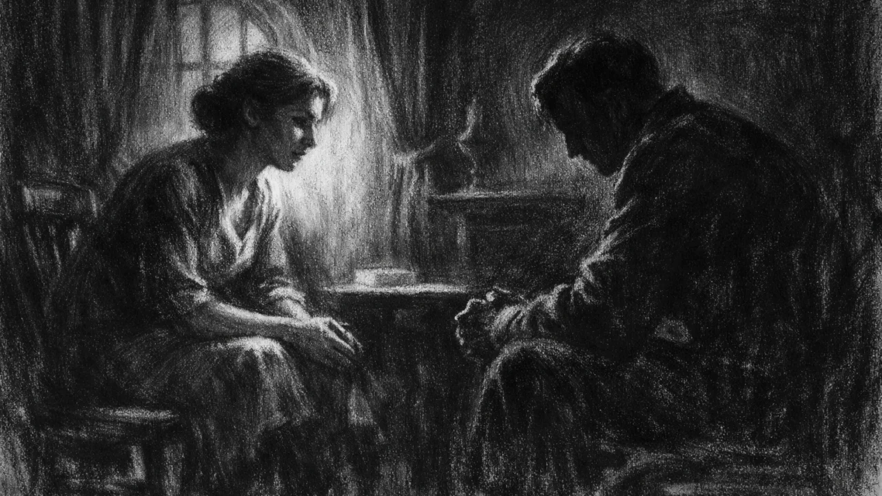 Dvije osobe u tihom razgovoru, lice u svjetlu i lice u sjeni, snažna emotivna napetost u charcoal film noir stilu.