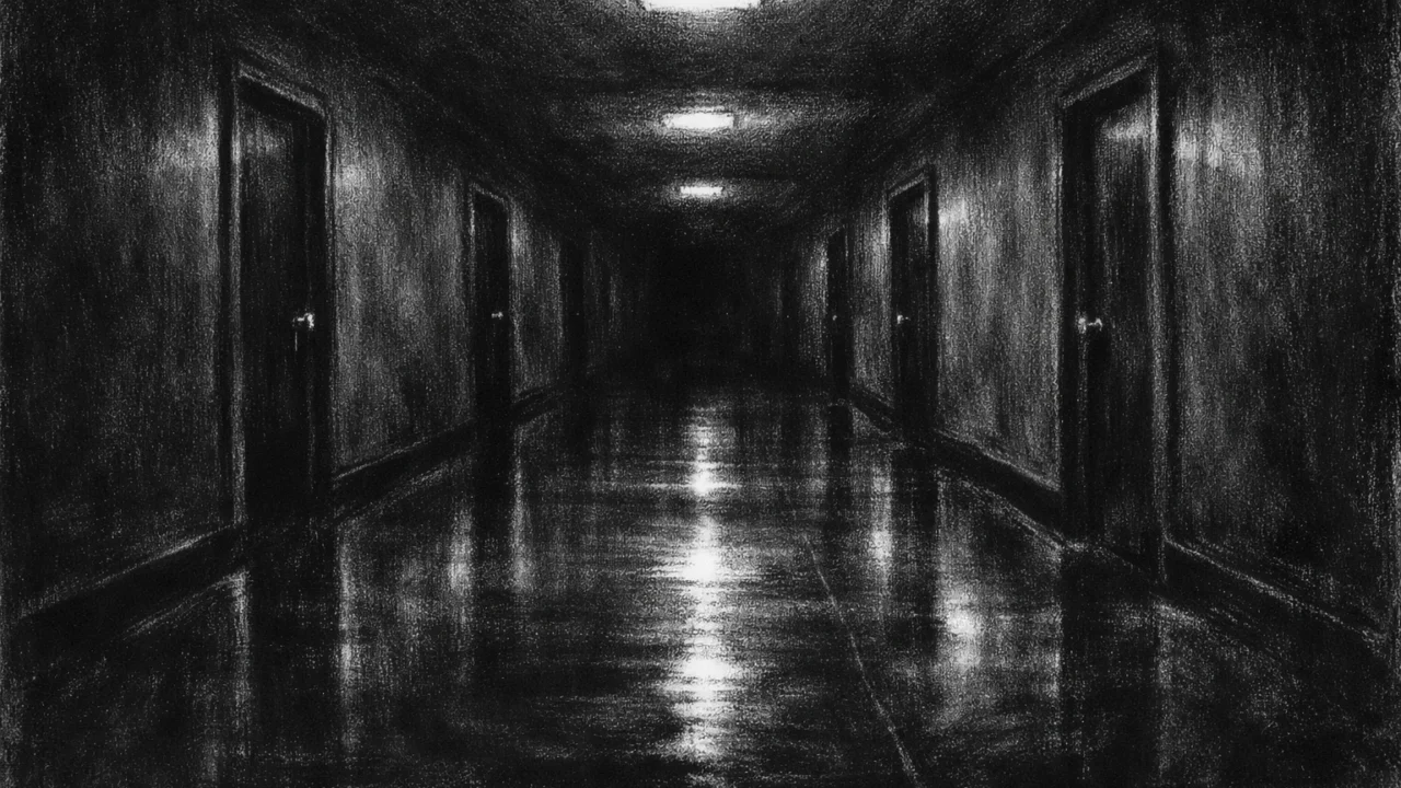 Prazan hodnik s reflektirajućim podom i dubokim sjenama, osjećaj tišine i sudbine, charcoal film noir stil.