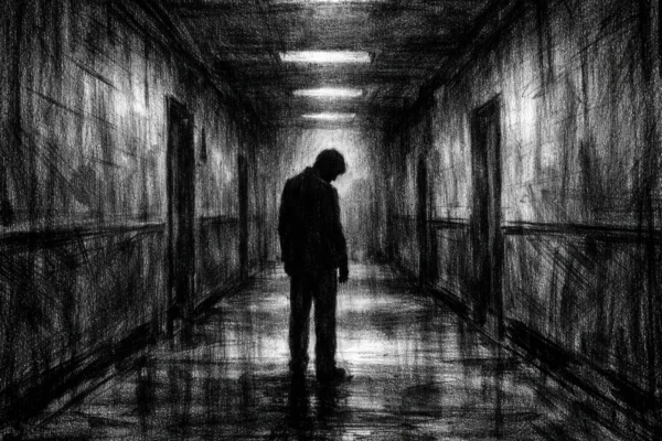 Kinematografski prizor hodnika s usamljenom figurom, snažne sjene i tiha emocija, charcoal film noir stil u crno-bijeloj atmosferi.