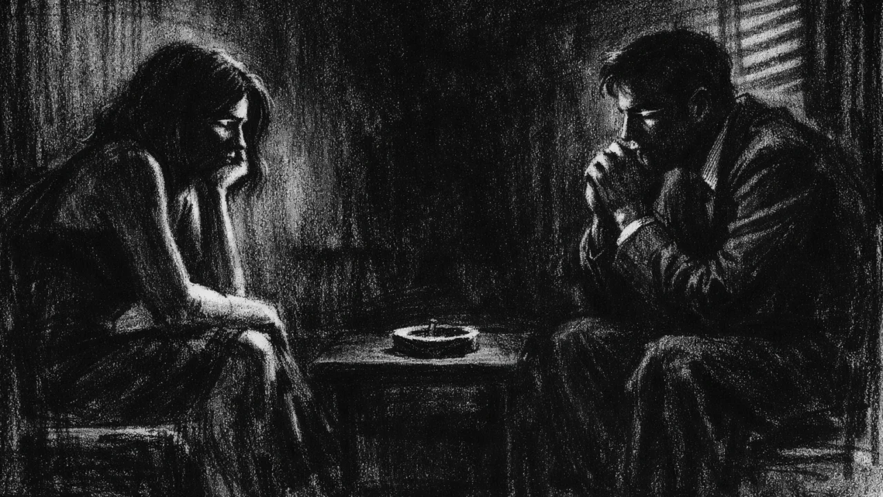 Intimna crno-bijela scena u charcoal film noir stilu, dvije osobe u razgovoru obavijene sjenama, snažne emocije, tjeskoba i tišina.