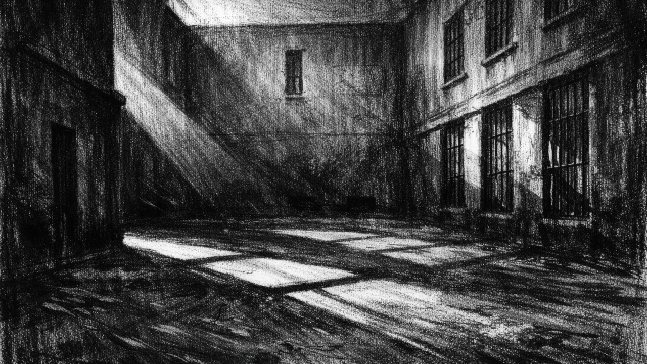 Simbolično okruženje u charcoal film noir stilu, prazno dvorište s teškom arhitekturom, duboke sjene, mračna i potisnuta atmosfera.