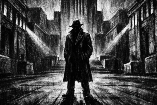 Filmski poster u charcoal film noir stilu, crno-bijela scena s usamljnom figurom u sjeni, snažan kontrast, mračna atmosfera i osjećaj kontrole.