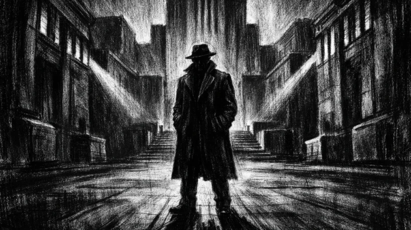 Filmski poster u charcoal film noir stilu, crno-bijela scena s usamljnom figurom u sjeni, snažan kontrast, mračna atmosfera i osjećaj kontrole.
