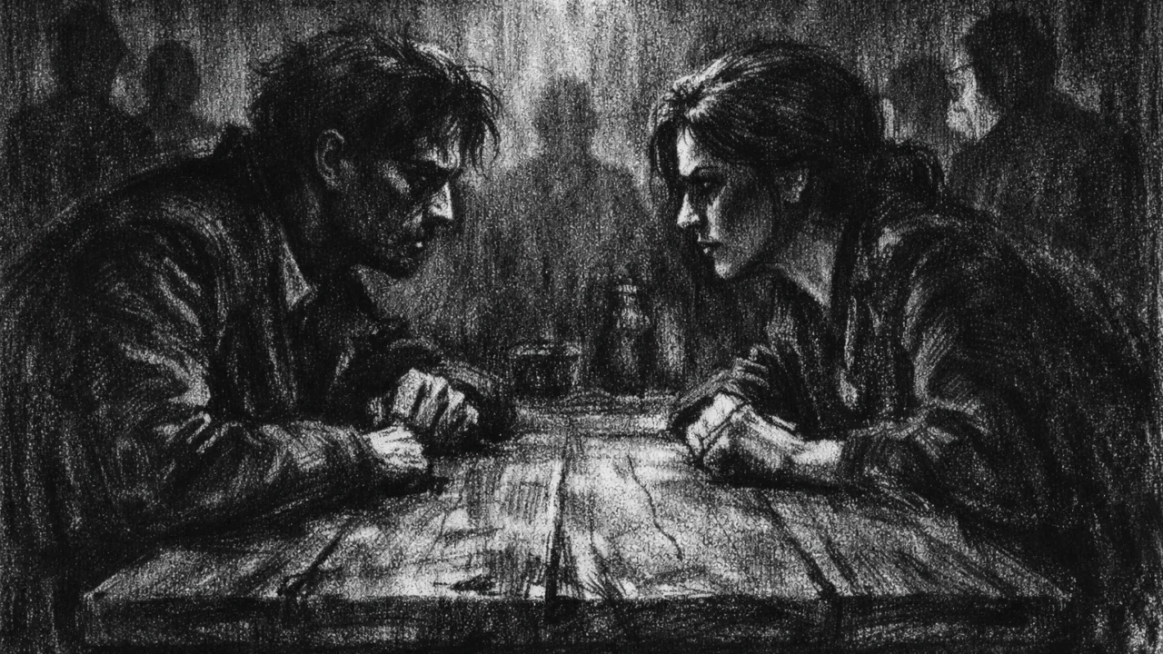 Intimna scena dijaloga u zatvorenom prostoru, lica u sjeni i izražena napetost, charcoal film noir stil s naglašenom psihološkom težinom.