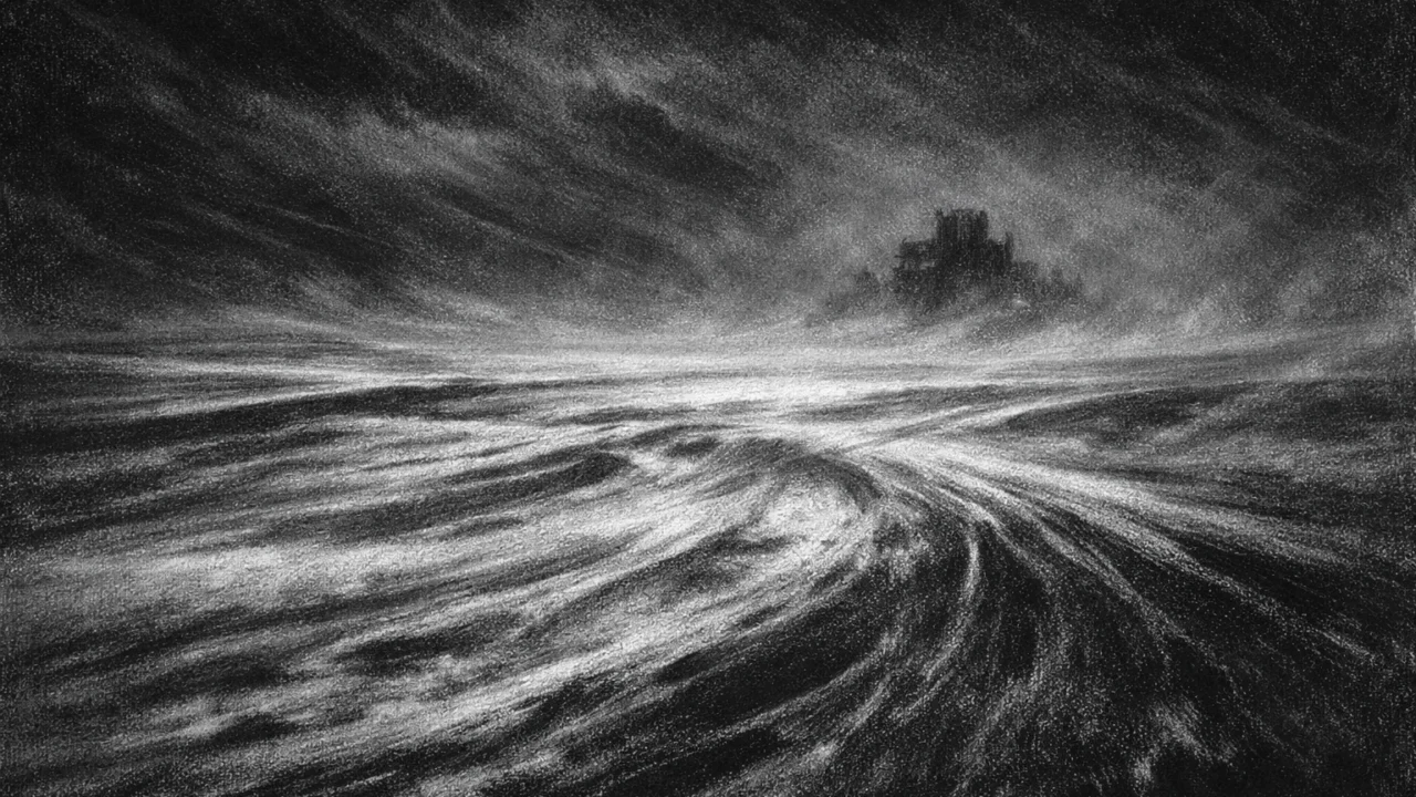 Sumoran snježni krajolik s osjećajem izolacije i prijetnje, snažan kontrast i praznina prostora u charcoal film noir stilu.