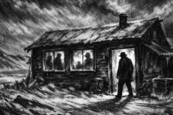 Filmski poster s osamljenim zaklonom u snijegu, snažan kontrast svjetla i sjene, charcoal film noir stil koji stvara tjeskobnu i napetu atmosferu.