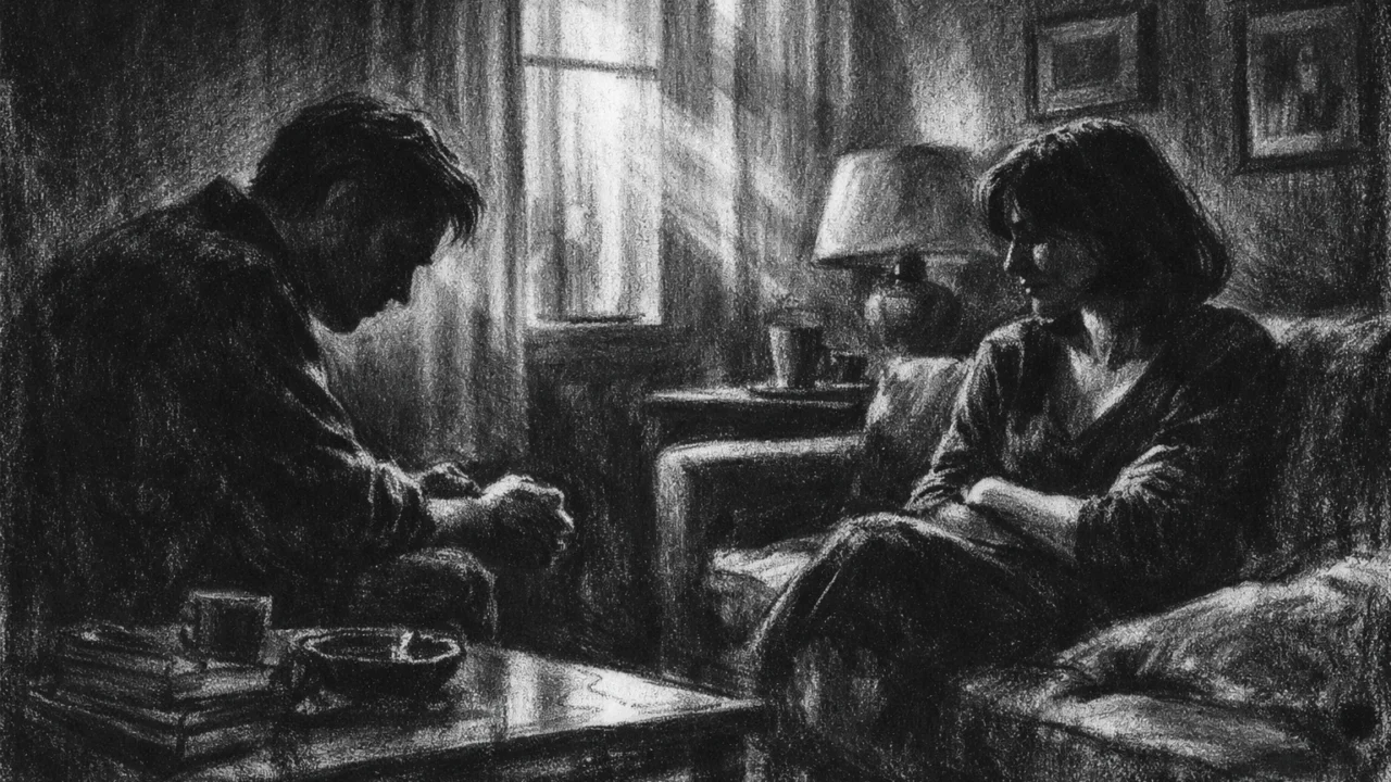Dvoje ljudi u tihoj sobi, lica u sjeni, emocionalna napetost i obiteljska drama prikazane u charcoal film noir stilu s jakim kontrastom.