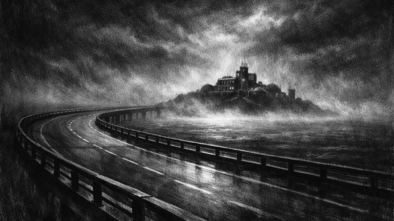 Pusta cesta prema udaljenom kompleksu okruženom maglom, simbol tajni i anonimnosti u charcoal film noir stilu, crno-bijelo s dubokim sjenama.