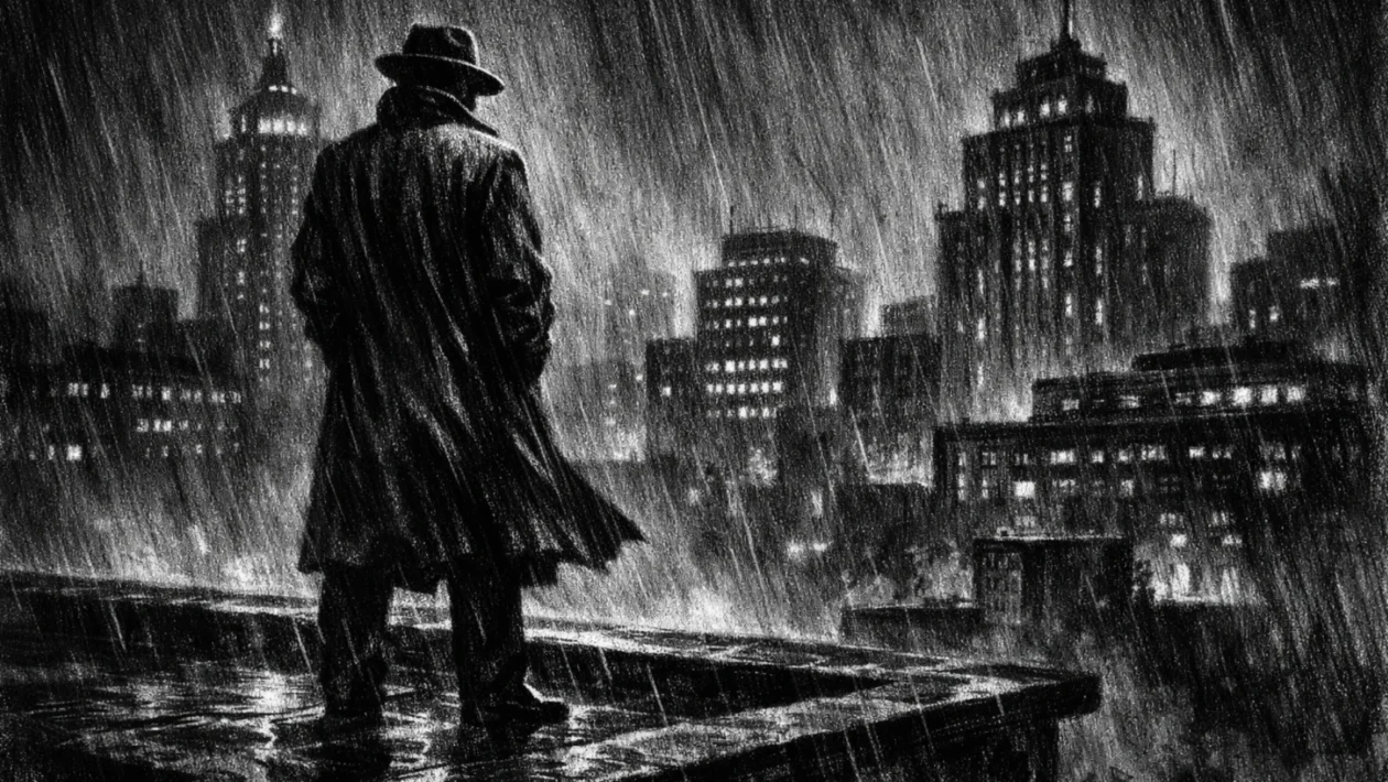Usamljena figura na krovu iznad grada, snažan kontrast svjetla i sjene u charcoal film noir stilu, crno-bijela atmosfera puna melankolije i unutarnje napetosti.