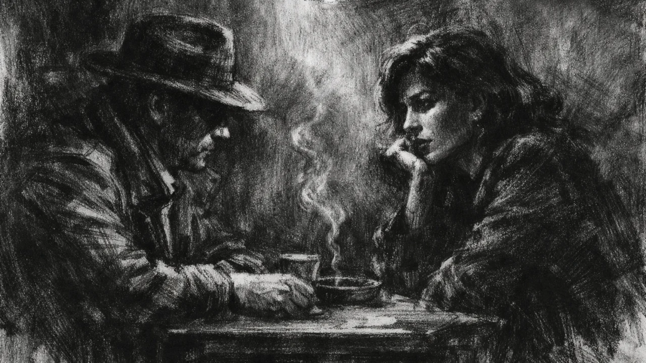 Intimna scena razgovora u charcoal film noir stilu, snažan kontrast svjetla i sjene, crno-bijela atmosfera puna tihe napetosti i emocija.